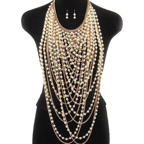 Sexy Multilayers Pearl Body Chain Ladies Vintage Pearl Pendant Necklaces for Women Bridal Wedding Gift Statement Fashion Jewelry