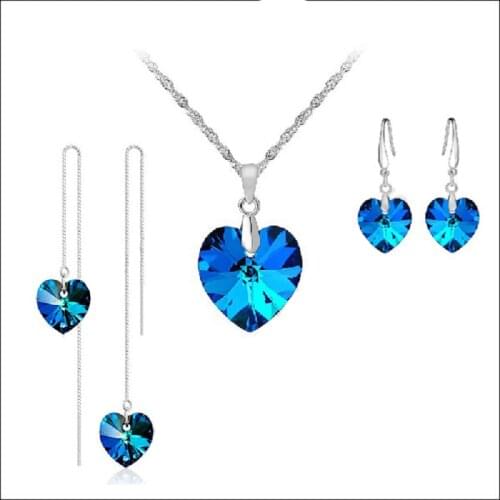 Jewely Sets Blue Austrian Crystal Pure Genuine 925 Sterling Silver Ocean Sea Heart Necklace Earring Ear Thread