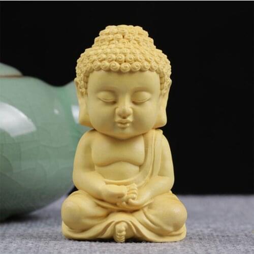 Statuette of Chinese Buddhist Tathagata Buddha Decorative small model Hand carved solid wood Cute character desktop decorations