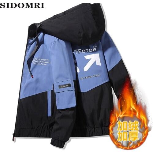Spring Autumn Hooded Jacket Men Casual Slim Patchwork velvet thickening Windbreaker Jacket Male Outwear Zipper Thin Coat