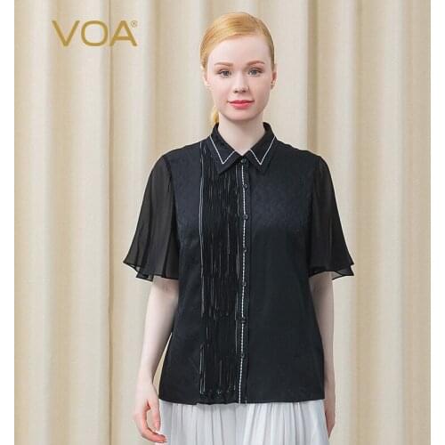 VOA Silk Jacquard Mysterious Black Polo-Neck Lotus Leaf Short Sleeve Georgette Stitching Asymmetric Ol Light Ripe Shirt BE662