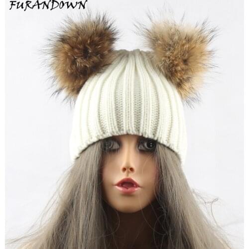 Two Fur Pompom Winter Beanie Hats For Women Knitted Cotton Caps Real Mink Raccoon Fur Hat Bonnet Girls Female Cap