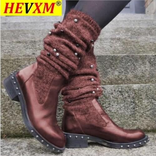 2020 Autumn Winter Vintage Women Boots Large Size Wool Sock Boots Female Flat Heel Knee High Boots Botines Zapatos De Mujer