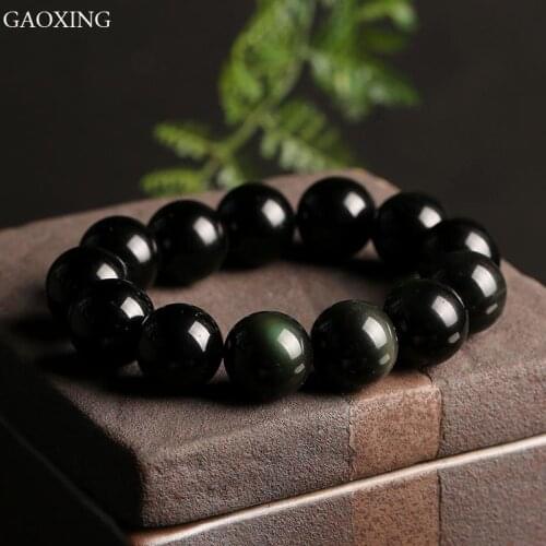 12-16MM Natural Obsidian Mens Elastic Rope Bracelet Wearing Happiness Safety Career Family Jewelry