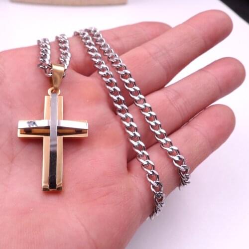 20''-32'' 4mm Curb Chain Stainless Steel Necklace Gold Huge Cross Crystals Pendant religious crucifix Women Men Gifts