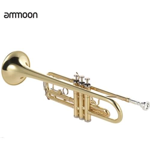 Ammoon Trumpet Bb Flat Brass Gold-painted Exquisite Durable Musical Instrument with Mouthpiece Gloves Strap Case