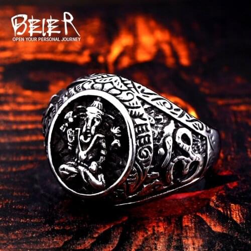 Beier 316L stainless steel Elephant trunk carving symbol mens ring Retro punk biker high quality jewelry LLBR8-672R