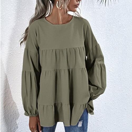 Women Blouse Solid Color Long Sleeve Ruffles Patchwork Fashion Spring Autumn Lantern Sleeve O Neck Tops Casual Loose Streetwear