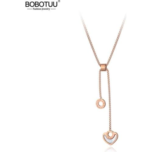 BOBOTUU Roman Numeral Circle & Heart Stainless Steel Women Wedding Necklace Jewelry Trendy Charm Shell Choker Necklaces BN19048