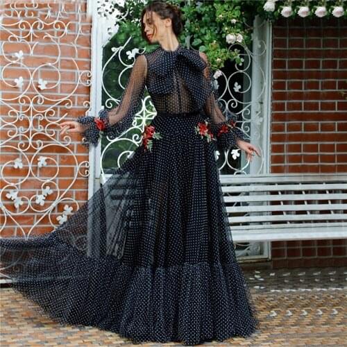 Eightree Black Evening Dresses 3D Flowers Evening Party Gown Dot Chiffon Puff Sleeves Formal party Prom Dress vestido de festa