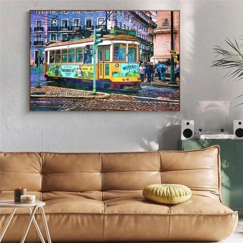 Watercolor Lisbon City Street Bus Tram Art Canvas Print Painting Morden Graffiti Wall Picture Living Room Home Decoration Poster