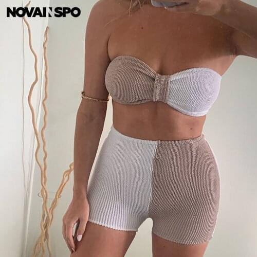 NOVAINSPO Color Blocking Sleeveless Wrap Chest Top And Shorts Set Backless Two Tone Sexy Party Clubwear Street Summer Co-ord Set