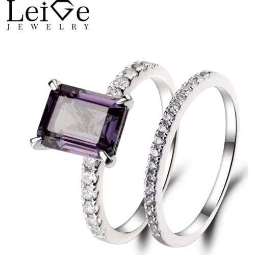 Leige Jewelry Lab Alexandrite Engagement Rings 925 Sterling Silver Emerald Cut Fine Gemstone June Birthstone Ring Bridal Sets