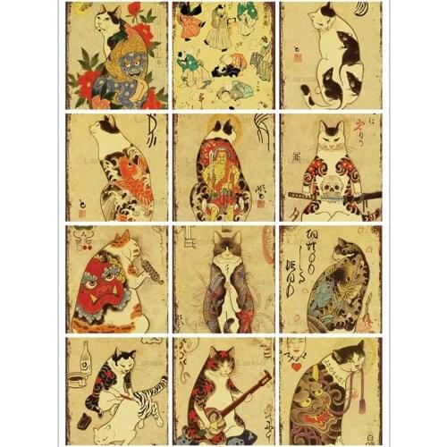 Japanese Style Cat Metal Tin Sign Cute Cartoon Animals Plate Vintage Metal Painting Plaques Wall Art Decoration Home Decor