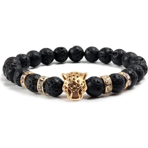 Fashion Men Black Lava Bangles Bracelets Alloy Panther Head Rhinestone Round Bangle For Women Buddha Bracelet Charm jewelry Gift