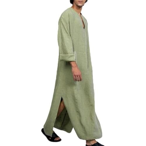 Fashion Men Tops Ethnic Solid Color Long Sleeve V Neck Side Slit T-shirt Pocket Maxi Robe Gown for daily life футболка 2021