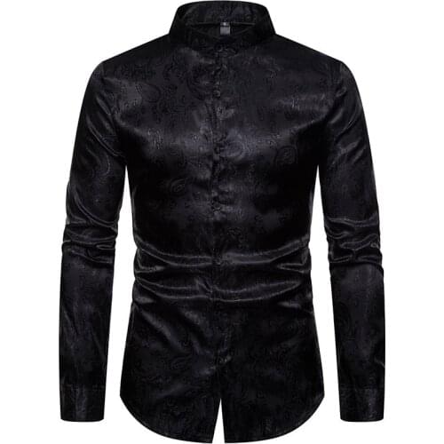 Black Mandarin Collar Paisley Shirt Men 2021 Brand Slim Fit Long Sleeve Button Up Shirt Men Party Work Business Chemise Homme