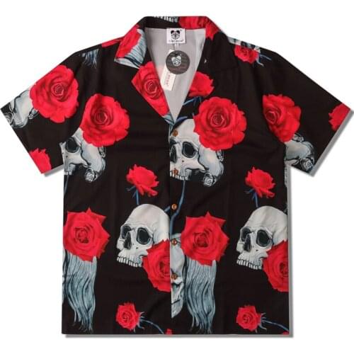 Mens Oversize Hawaiian Shirts Rose Skeleton Print Turn-Down Collar Polo Shirt Unisex HipHop Streetwear Holiday Male Tropical Top