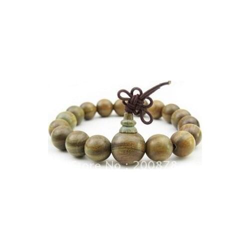 Natural Green Sandalwood Bracelet Stretch for Man 12mm Buddhist Hand Hold Mala Free Ship BRO987