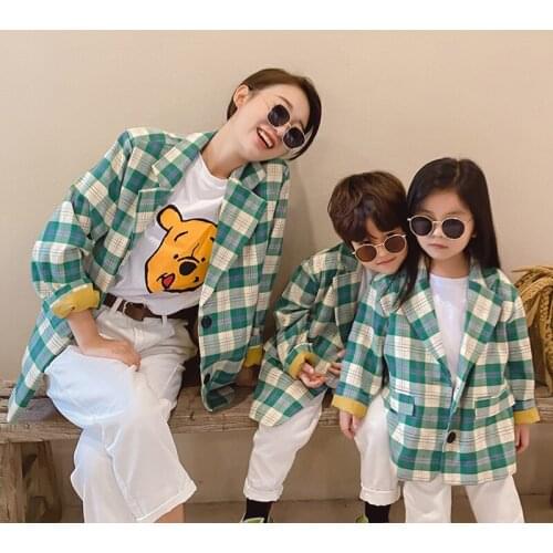 2021 spring and autumn new parent-child clothes boys and girls middle and long Plaid suit coat womens casual coat cardigan