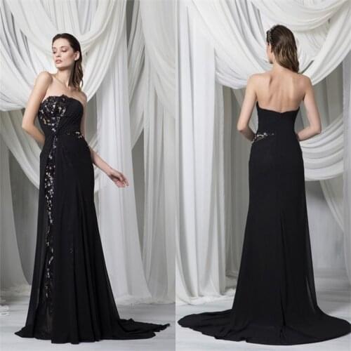 New Arrival Black Evening Dresses Strapless Lace Applique Prom Gowns Custom Made Backless Sweep Train Special Occasion Dress