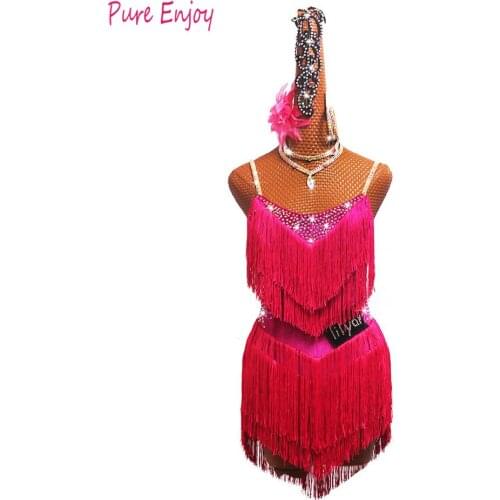 New Latin Dance Dress Women Competition Costumes Custom Practice Skirts Shining Crystal hot pink Thick Fringed Latin Dresses