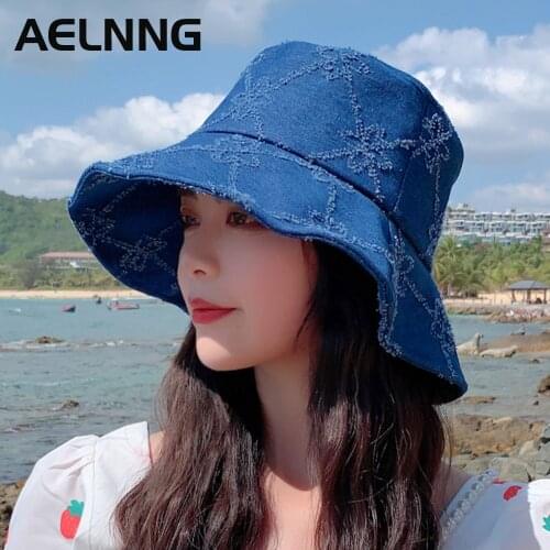 AELNNG Brand Summer New Cowboy Bucket Hats Womens Retro Casual Sun Protection Sunhat Solid Color Outdoor Fisherman Cap A8029