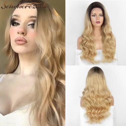 Blonde Lace Front Wig Synthetic Body Wave Lace Front Wig Long Ombre Wig For Women Heat Resistant Cosplay Wig T Part Scheherezade