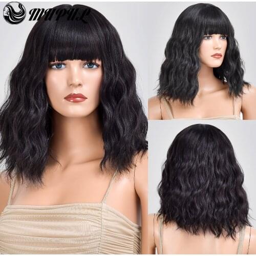 Short Black Wave Natural Hair Synthetic Wig For White Women With Bangs Daily Heat Resistant Female Cosplay Wavy Fiber Wigs