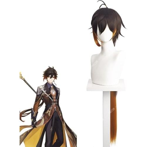 Game Genshin Impact Zhongli Cosplay Long Brown Orange Gradient Heat Resistant Synthetic Wigs Halloween Christmas Role Play Wigs