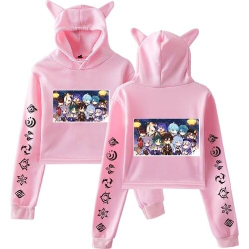 Popular Genshin Impact Hoodies Women Kawaii Crop Tops Fashion Pink Hooded Cat Ear Sweatshirts Casual Spring Girls Pullovers