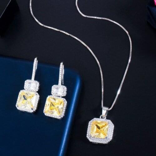 ThreeGraces Unique Yellow Cubic Zirconia Square Shape Drop Dangle Earrings and Necklace Set for Ladies Jewelry Accessories JS526