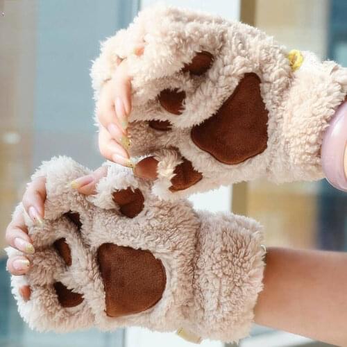 2019 Newest Hot Fashion Winter Women Cute Cat Claw Paw Plush Mittens Short Fingerless Fluffy Bear Gloves Half Finger Cat Gloves