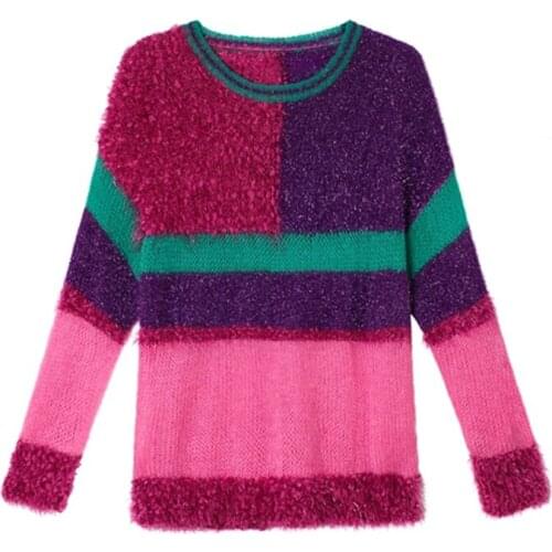 PERHAPS U Women Sweater Knitted Pullovers Long Sleeve Crew Neck Fuchsia Geometric Warm Thick M0468