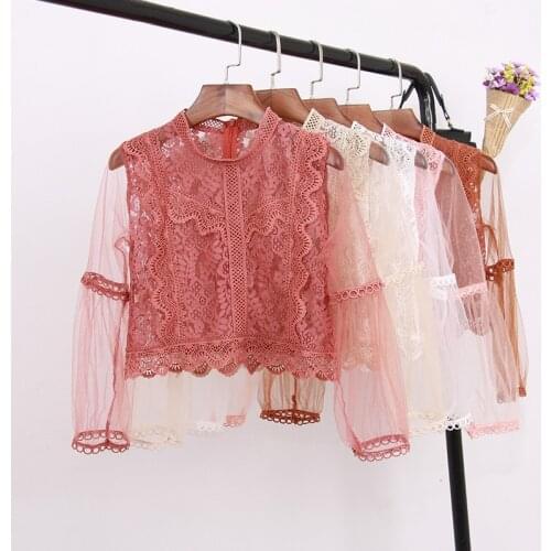 Women O-Neck Flare Sleeve Hollow Embroidery Lace Flower Ruffles Shirt Lady Short Elastic Slim Waist Pullover Chic Blouse Tops