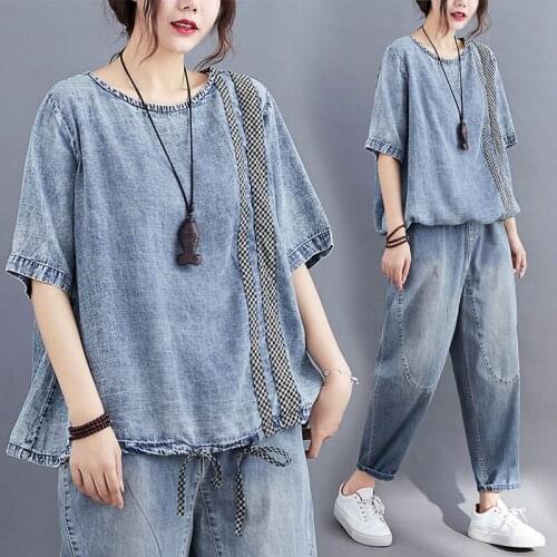 2021 Summer Arts Style Women Short Sleeve Loose T-shirt Patchwork Plaid Denim vintage Tee Shirt Femme Casual Tops Big Size