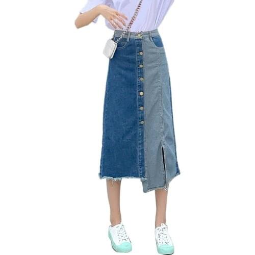 Women High Waist Irregular Patchwork Front Button Side Split Denim Midi Skirt 80% Hot Sales