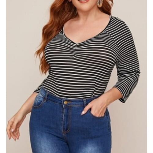 2020 Autumn Women V Neck Three Quarter Sleeve Striped Print Casual Blouse Shirt Plus Size Ladies Tops Women Clothing
