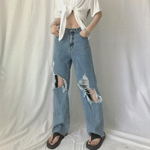 Womens Straight jeans Baggy Vintage Ripped High Waist Boyfriends Mom y2k Denim Casual Streetwear 2021 Female