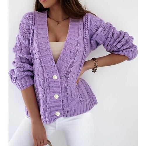 Long Sleeve Purple Knitted Women Cardigan Sweater Autumn Winter Warm Sweater Basic Stretch Jumpers 2021 New Dropshipping