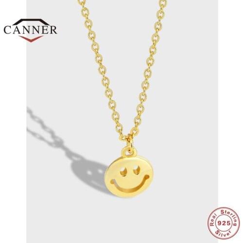 CANNER 925 Sterling Silver Gold Color Smiley Pendant Necklace for Women Men Clavicle Choker Chain Necklaces Female Gifts Jewelry