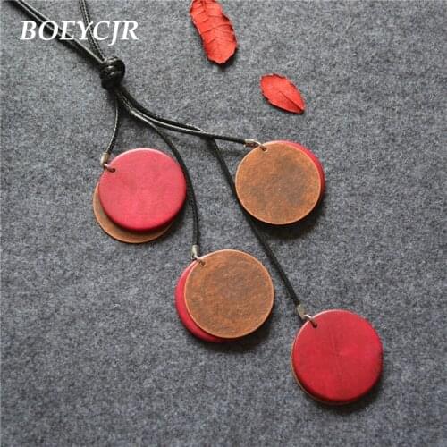 BOEYCJR Circle Alloy Red Color Wood Pendant Necklace Rope Chain Vintage Jewelry Fashion Design Necklace for Women Gift