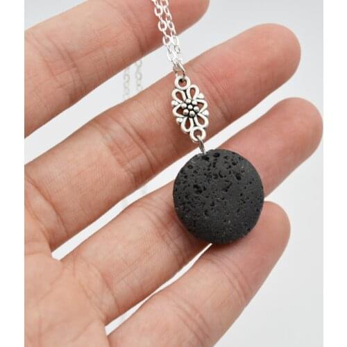 10pc Black Lava Stone Pendant With Chain Essential Oil Diffuser Necklace Lava Jewelry With Flower Charm XSH-303