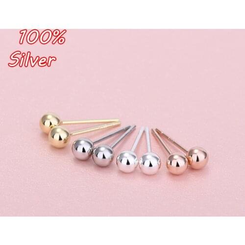 2Pairs 3/4mm S925 Sterling Silver Color Earrings Smooth Beads Hypoallergenic Female Earrings Jewelry