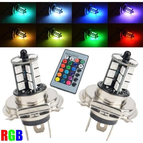 2pcs RGB Wireless Control H4 5050 27LED Decoration DRL Fog Light Bulbs+Remote