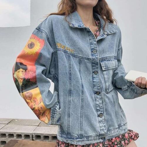 2020 Real Shot Hong Kong Style Loose Denim Jacket Free Shipping Embroidery Print 2020 Fashion