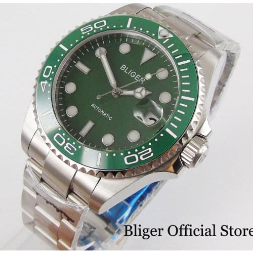 BLIGER Green 43mm Self Winding Men Watch Sapphire Glass NH35/MINGZHU/MIYOTA Automatic Movement Steel Band Transparent Backcover