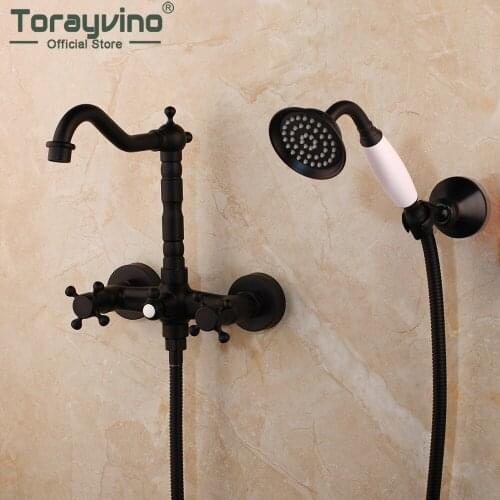 Torayvino Black Bathrom Faucet Basin Sink Wall Mounted Bathtub Shower Faucets Dual Handles Dual Control Hot And Cold Mixer Tap