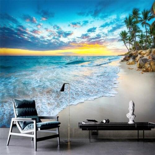 Customize HD Beach Seascape Landscape Illustration mural Wall Custom Large Mural Green Wallpaper papel de parede para quarto