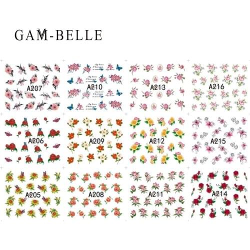 GAM-BELLE 12 Pcs Flower Design Nail Stickers Mixed Color Nail Decorations Water Transfer Slider Decals Tattoo Manicure Decor